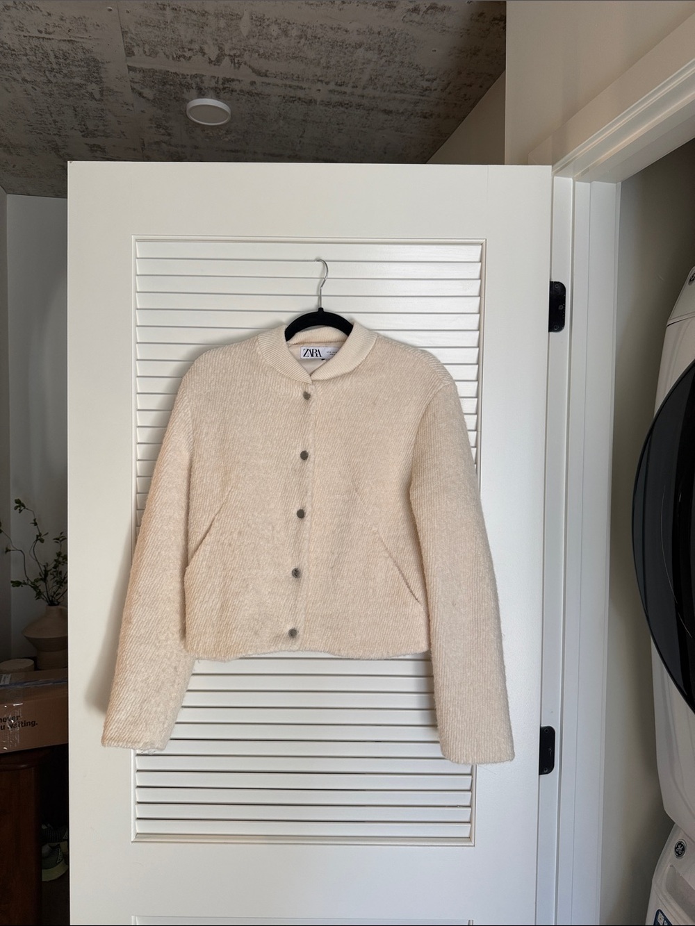 Zara Cream Teddy Bouclé Button Bomber Jacket
